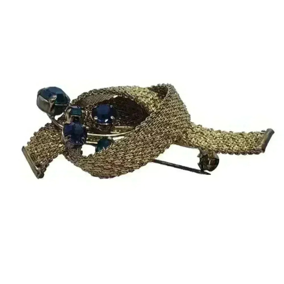 Vintage Brooch Mesh Ribbon Bow Blue & Green Rhinestone 1950s Gold Wash plated - Picture 6 of 10
